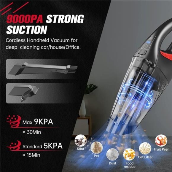 Handheld Vacuum Cordless Hand Vacuum with 9000PA/LED, Dust Busters Hand Vacuum - Picture 3 of 6